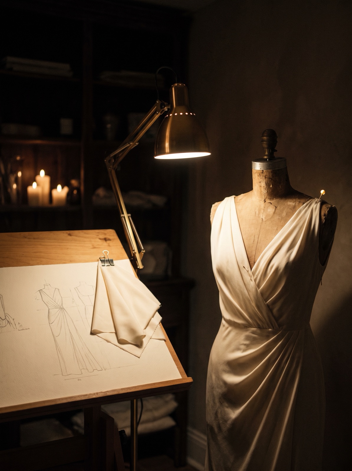 An ivory silk dress pinned on the dress form in the night atelier
