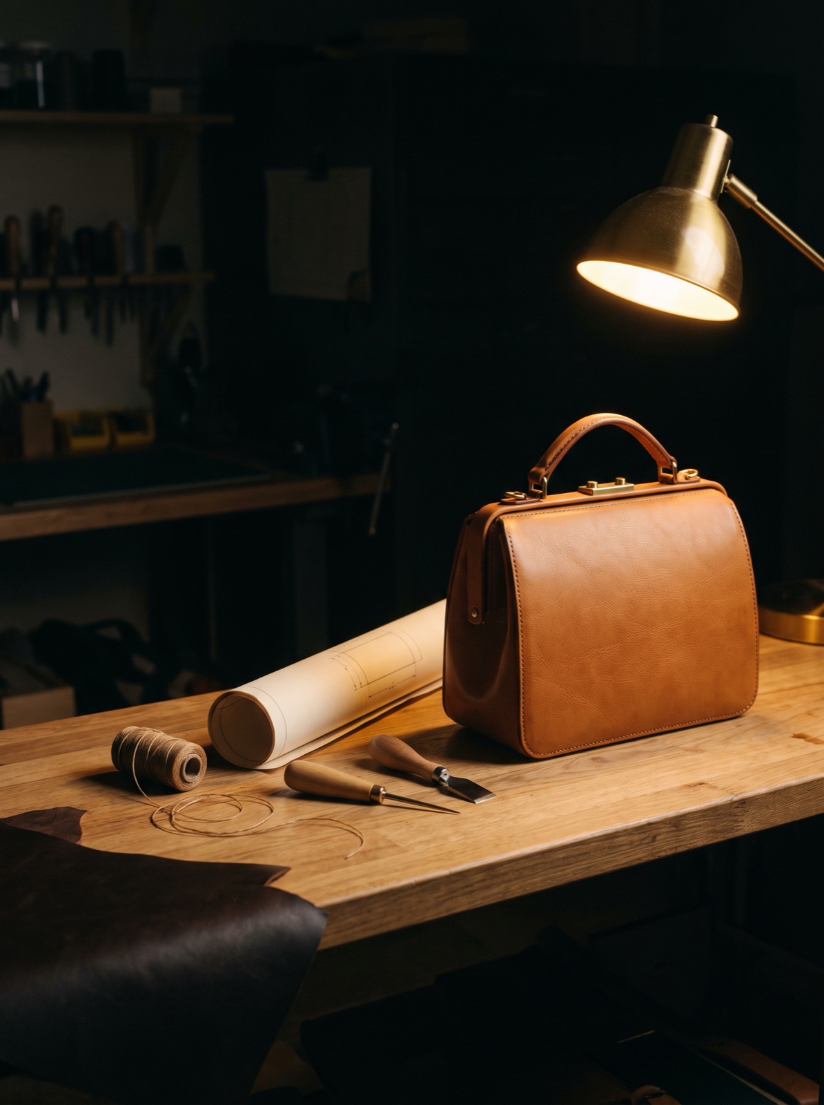 A structured tan leather handbag on the leatherworker's bench under a brass lamp, tools and construction drawing beside it
