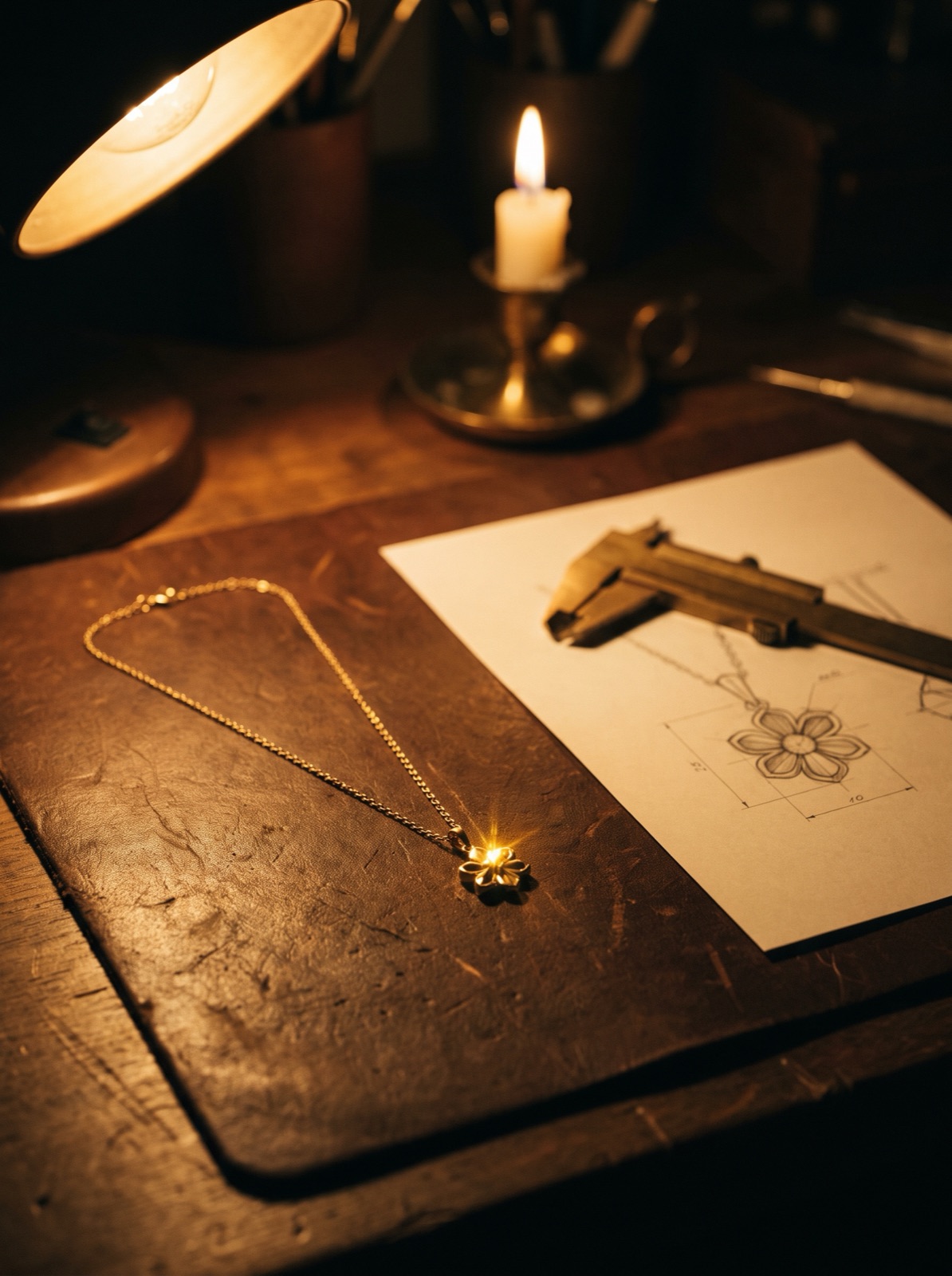 A delicate gold necklace on the jeweller's bench at night, beside its pencil technical drawing