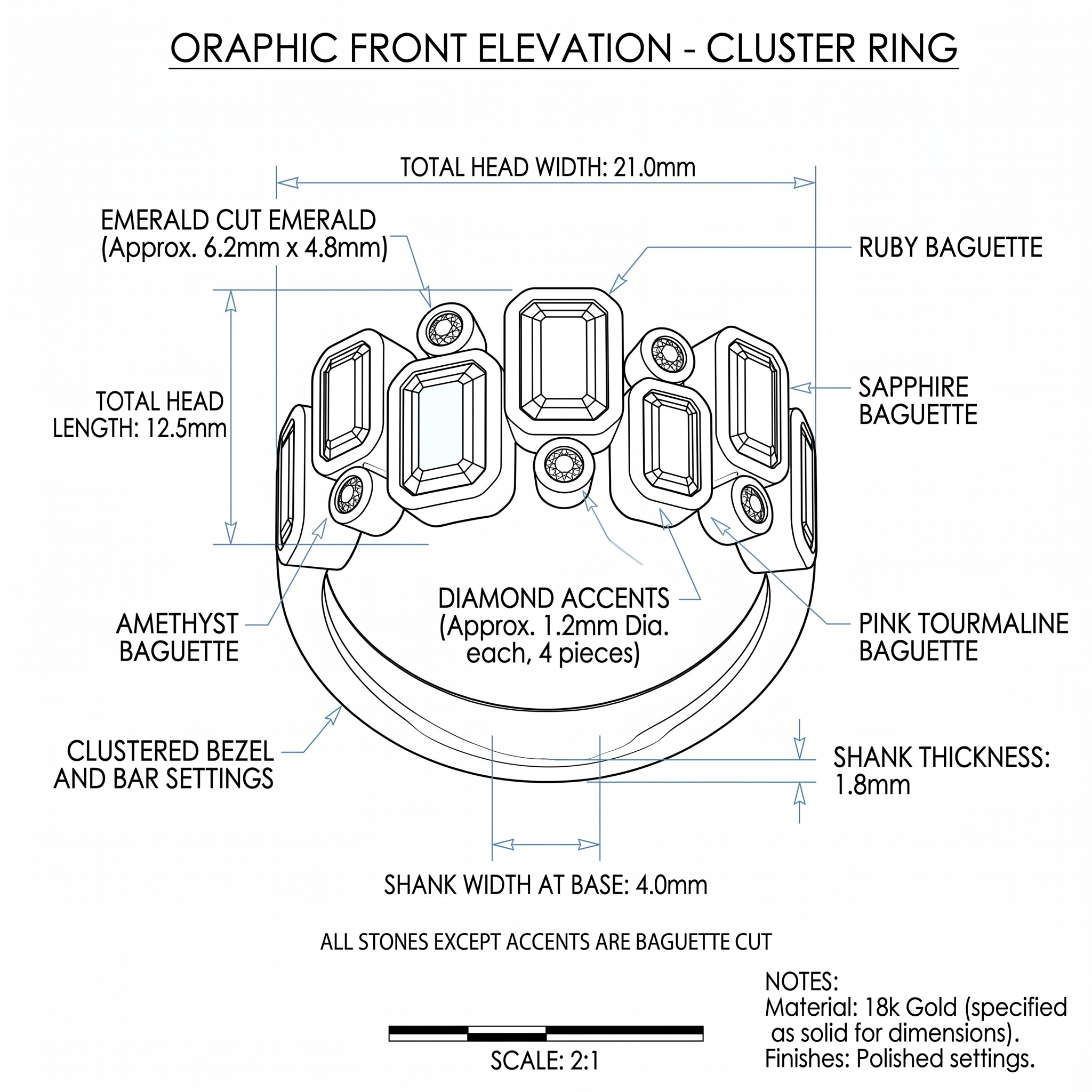 The same ring drafted as a dimensioned technical blueprint
