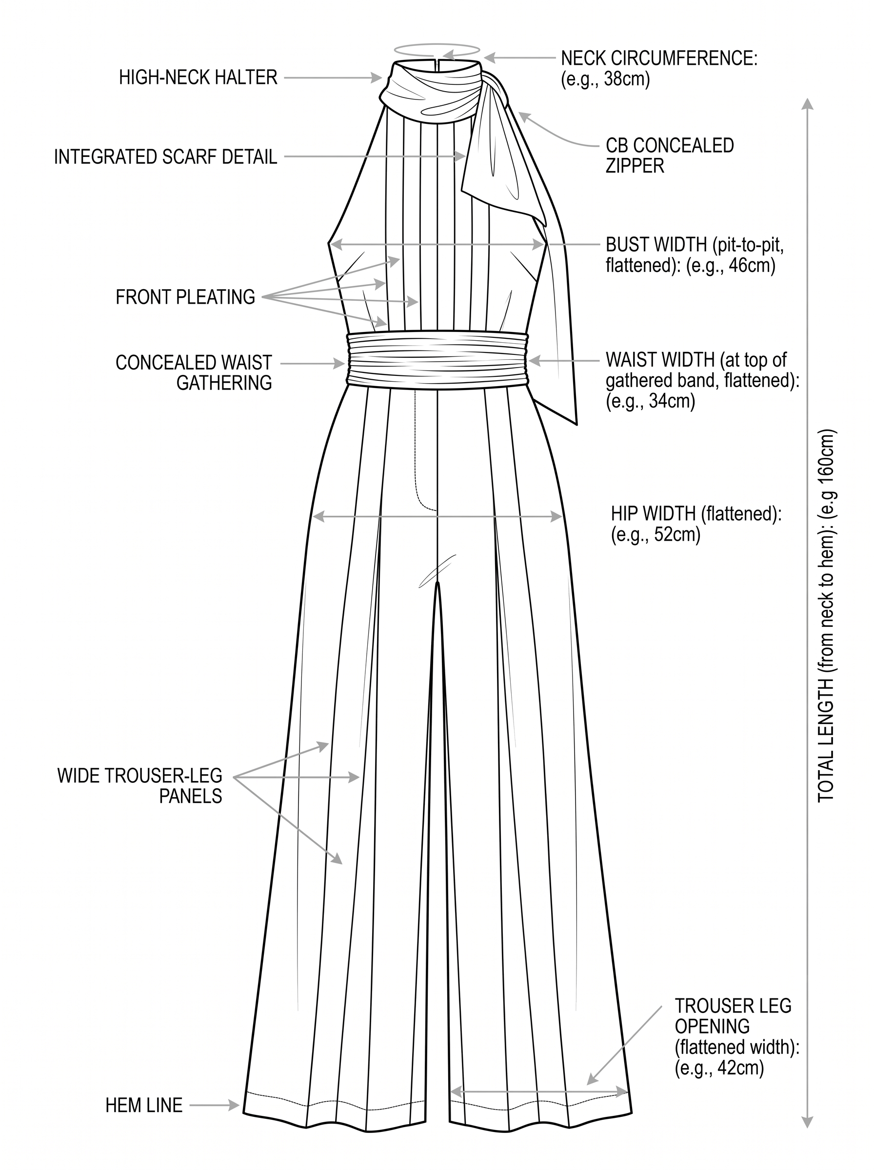 A halter jumpsuit drafted as an annotated tech-pack flat