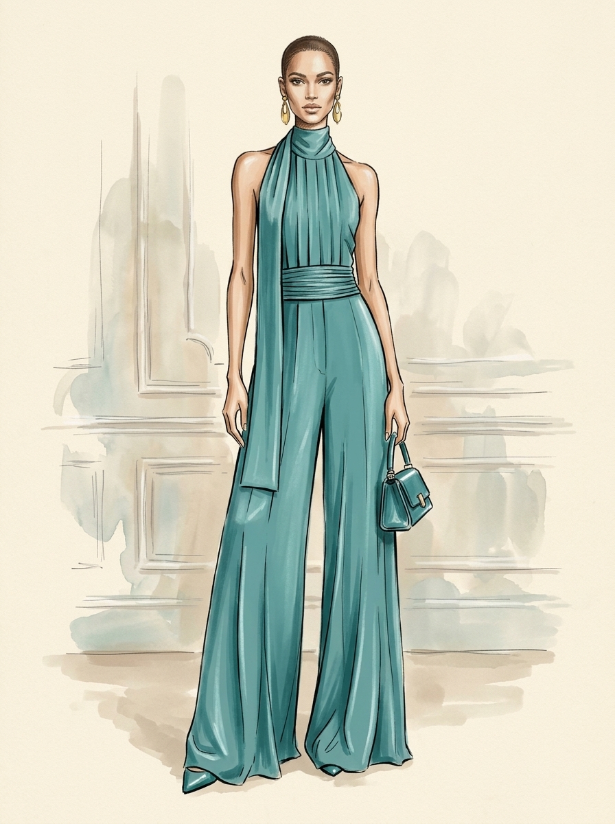 The same jumpsuit as a hand-drawn fashion croquis